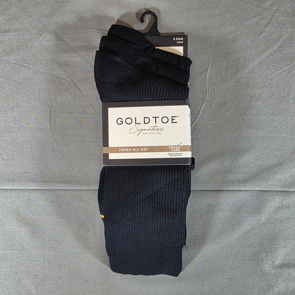 Goldtoe Signature Collection Mens Black Crew Socks 3 Pair Pack AM274 Size 6-12.5